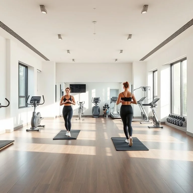 A diverse group of women in activewear, interacting and supporting each other in a futuristic fitness space.